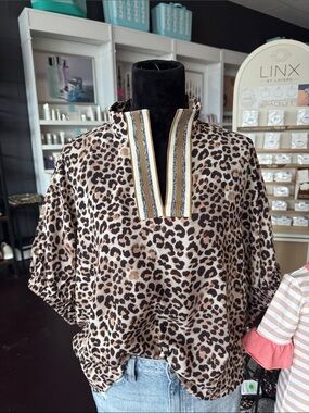 Leopard Print V-Neck Tunic with Stripe Trim - Taupe/Black